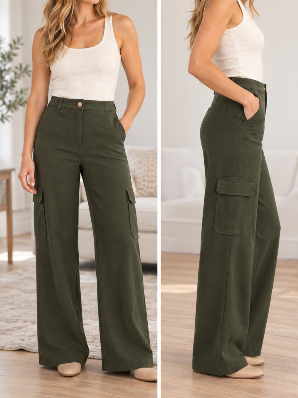 Rachel Zoe Olive Green Wide Leg Cargo Utility Pants Size 6